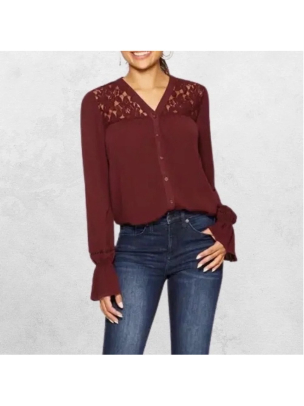 Knox Rose Button Down Blouse Round Neck Tie Front Lace Shoulder Maroon [LP415]